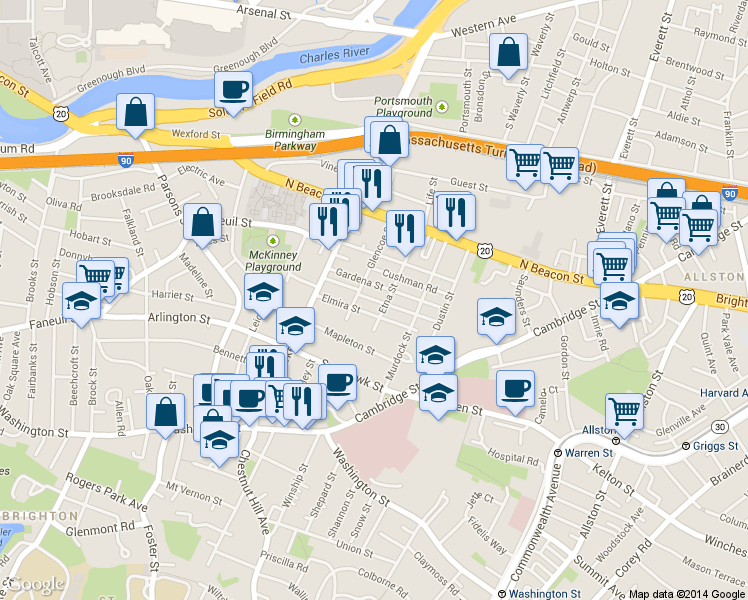 map of restaurants, bars, coffee shops, grocery stores, and more near 96 Etna Street in Boston