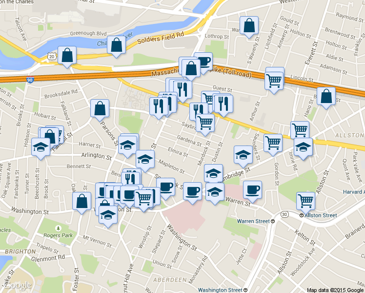 map of restaurants, bars, coffee shops, grocery stores, and more near 96 Etna Street in Boston