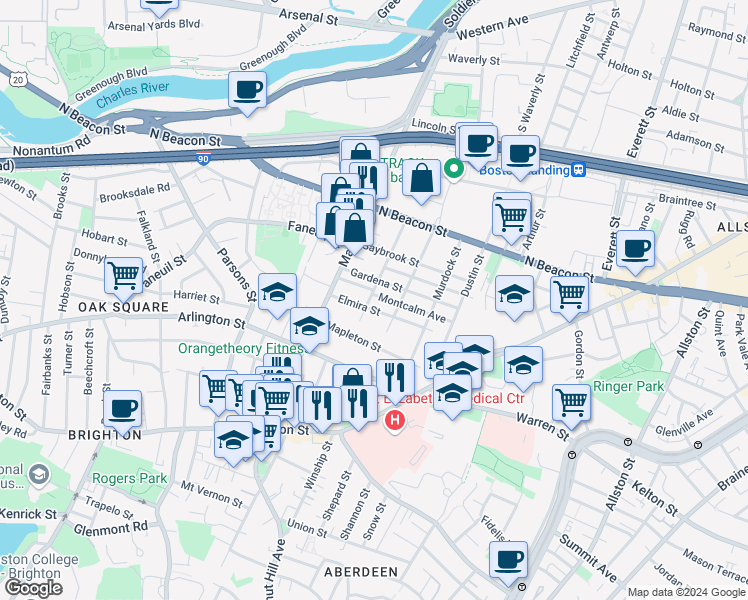 map of restaurants, bars, coffee shops, grocery stores, and more near 90 Glencoe Street in Boston
