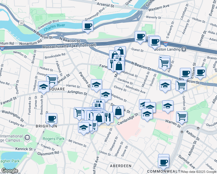 map of restaurants, bars, coffee shops, grocery stores, and more near in Boston