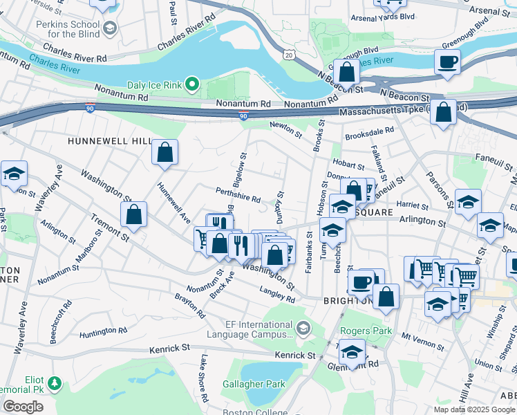 map of restaurants, bars, coffee shops, grocery stores, and more near 4-12 Perthshire Road in Boston