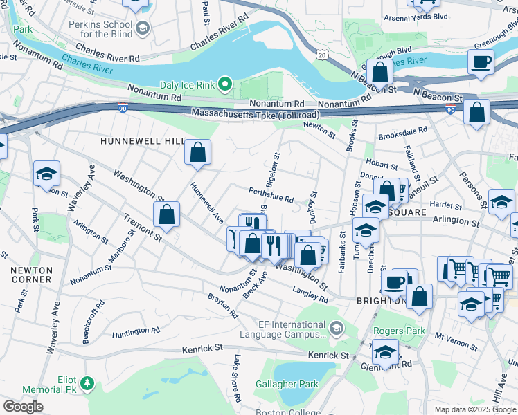 map of restaurants, bars, coffee shops, grocery stores, and more near 25 Bigelow Street in Boston