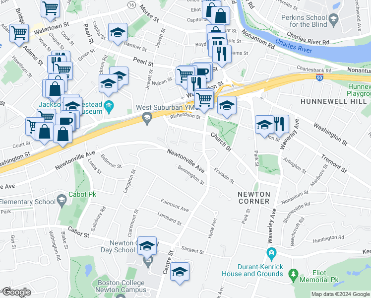 map of restaurants, bars, coffee shops, grocery stores, and more near 99 Memorial Drive in Newton