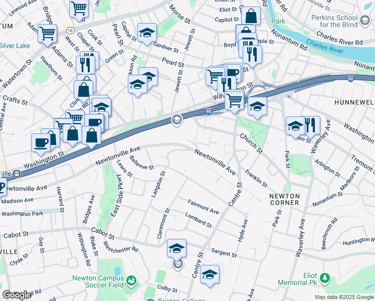 map of restaurants, bars, coffee shops, grocery stores, and more near 16 Summit Street in Newton