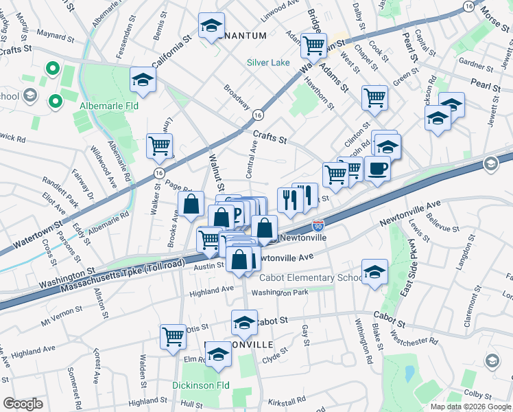 map of restaurants, bars, coffee shops, grocery stores, and more near in Newton