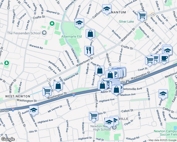 map of restaurants, bars, coffee shops, grocery stores, and more near 66 Walker Street in Newton