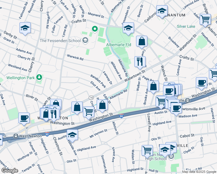 map of restaurants, bars, coffee shops, grocery stores, and more near in Newton