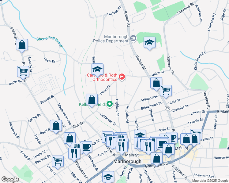 map of restaurants, bars, coffee shops, grocery stores, and more near 67 Tayntor Street in Marlborough