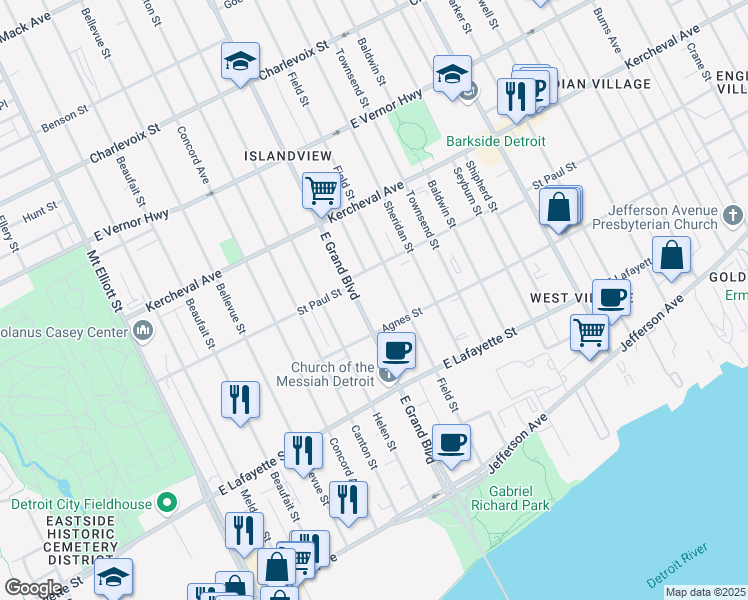 map of restaurants, bars, coffee shops, grocery stores, and more near 305 East Grand Boulevard in Detroit