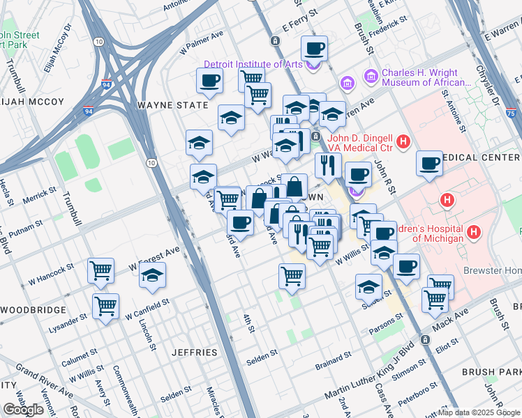 map of restaurants, bars, coffee shops, grocery stores, and more near 4606 2nd Avenue in Detroit