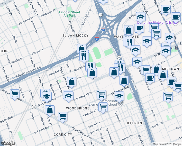 map of restaurants, bars, coffee shops, grocery stores, and more near in Detroit