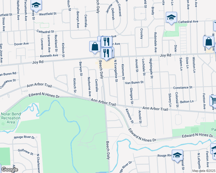 map of restaurants, bars, coffee shops, grocery stores, and more near 8361 Whitefield Street in Dearborn Heights