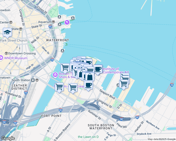 map of restaurants, bars, coffee shops, grocery stores, and more near 65 Northern Avenue in Boston