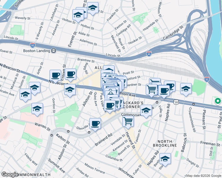 map of restaurants, bars, coffee shops, grocery stores, and more near 147 U.S. 20 in Boston
