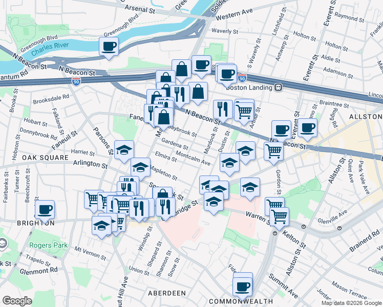 map of restaurants, bars, coffee shops, grocery stores, and more near 96 Etna Street in Boston