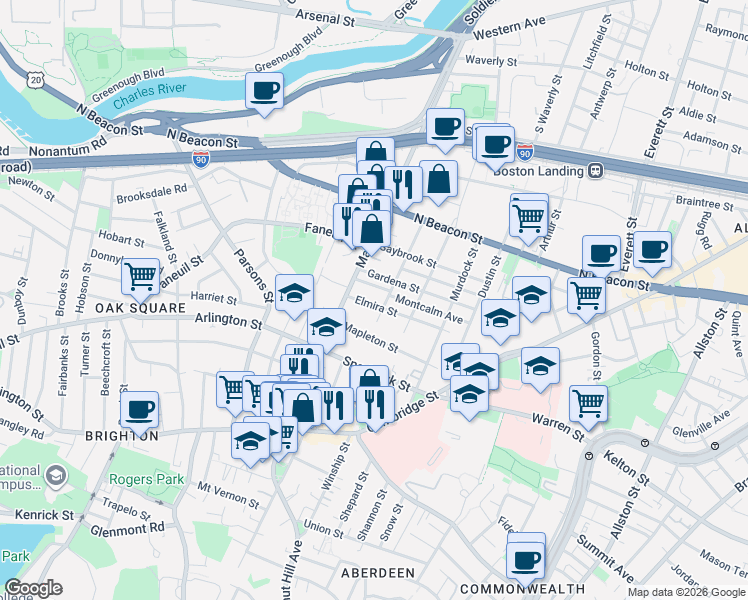 map of restaurants, bars, coffee shops, grocery stores, and more near 90 Glencoe Street in Boston