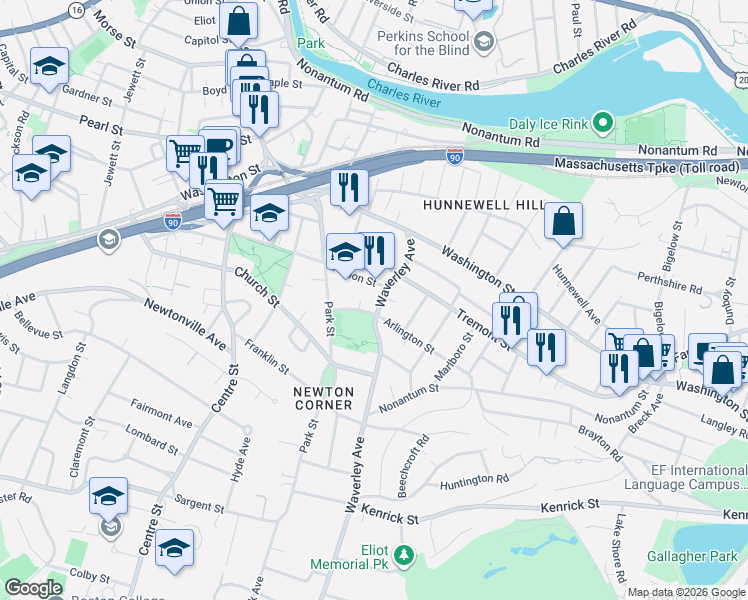 map of restaurants, bars, coffee shops, grocery stores, and more near 102 Arlington Street in Newton