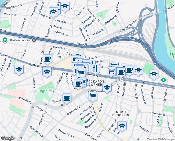 map of restaurants, bars, coffee shops, grocery stores, and more near 59 Linden Street in Boston