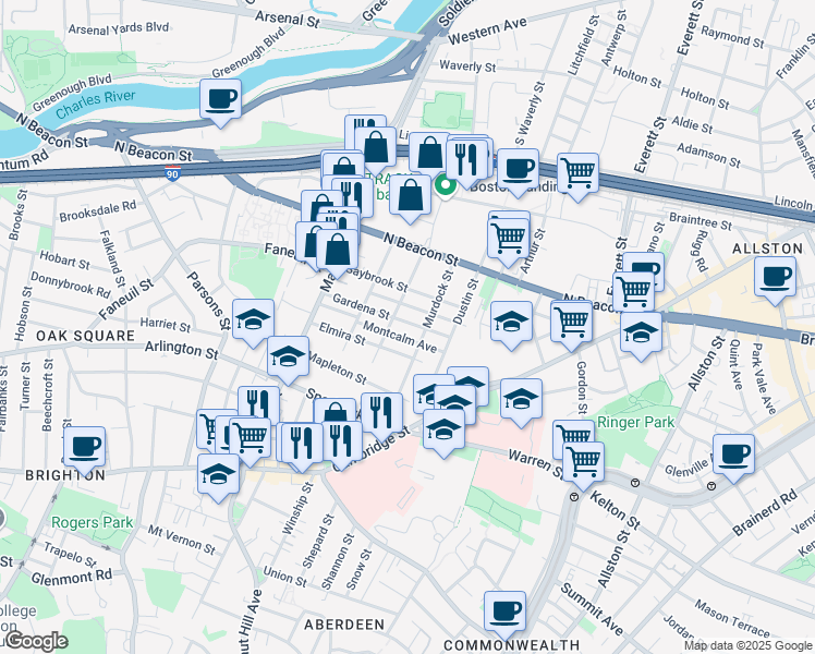 map of restaurants, bars, coffee shops, grocery stores, and more near 87 Murdock Street in Boston