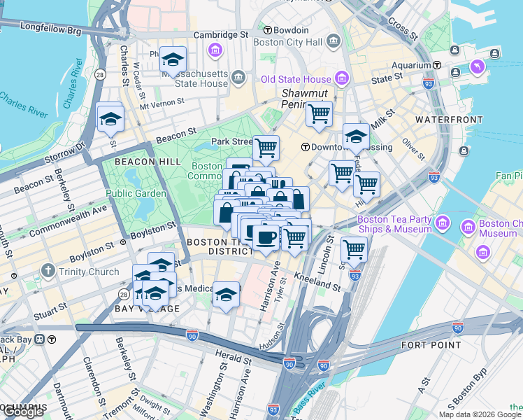 map of restaurants, bars, coffee shops, grocery stores, and more near 4 Avery Street in Boston