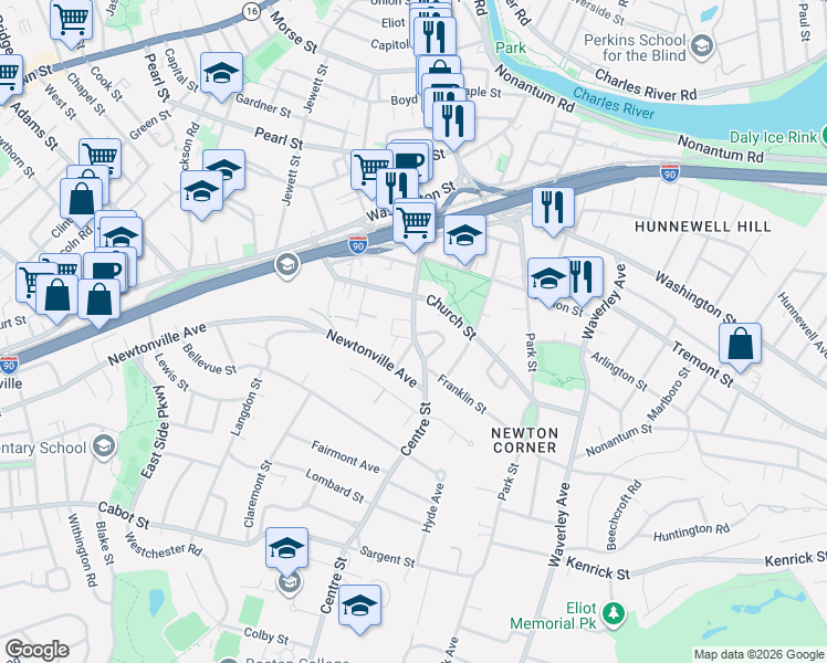 map of restaurants, bars, coffee shops, grocery stores, and more near 9 Mount Ida Street in Newton