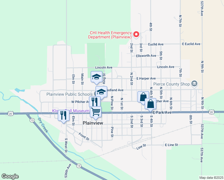 map of restaurants, bars, coffee shops, grocery stores, and more near 300 North Pine Street in Plainview