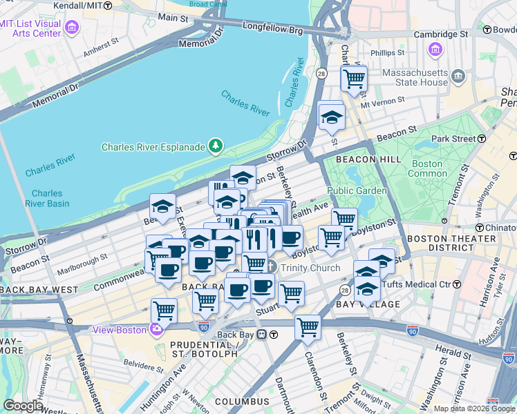 map of restaurants, bars, coffee shops, grocery stores, and more near in Boston