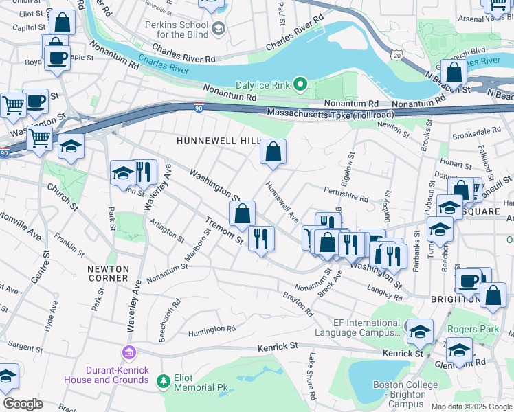 map of restaurants, bars, coffee shops, grocery stores, and more near 719 Washington Street in Boston