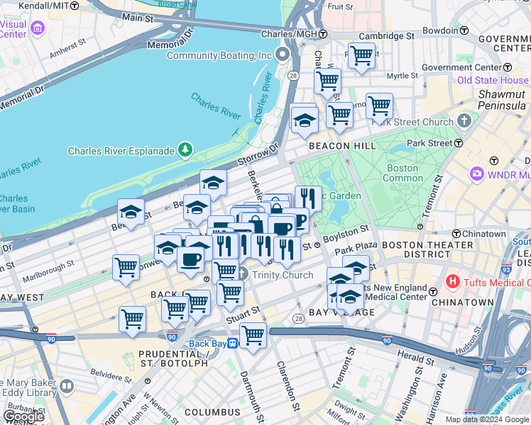 map of restaurants, bars, coffee shops, grocery stores, and more near Massachusetts 2 & Berkeley Street in Boston