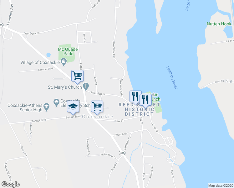 map of restaurants, bars, coffee shops, grocery stores, and more near 73 Mansion Street in Coxsackie