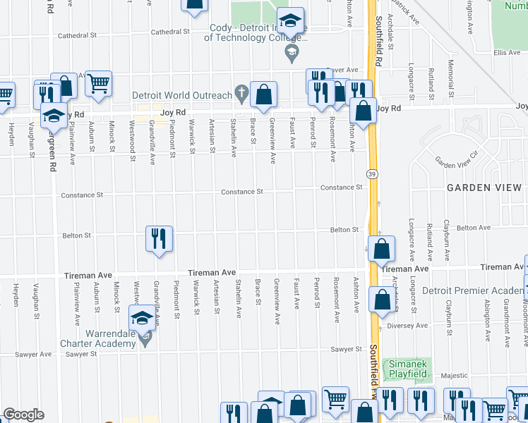 map of restaurants, bars, coffee shops, grocery stores, and more near 8262 Brace Street in Detroit