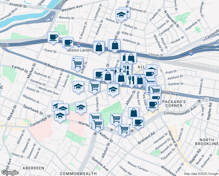 map of restaurants, bars, coffee shops, grocery stores, and more near Cambridge St & Barrows St in Boston