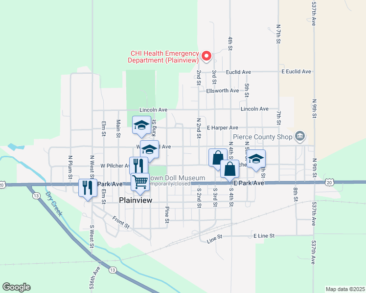 map of restaurants, bars, coffee shops, grocery stores, and more near 300 North 1st Street in Plainview