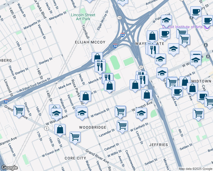 map of restaurants, bars, coffee shops, grocery stores, and more near in Detroit