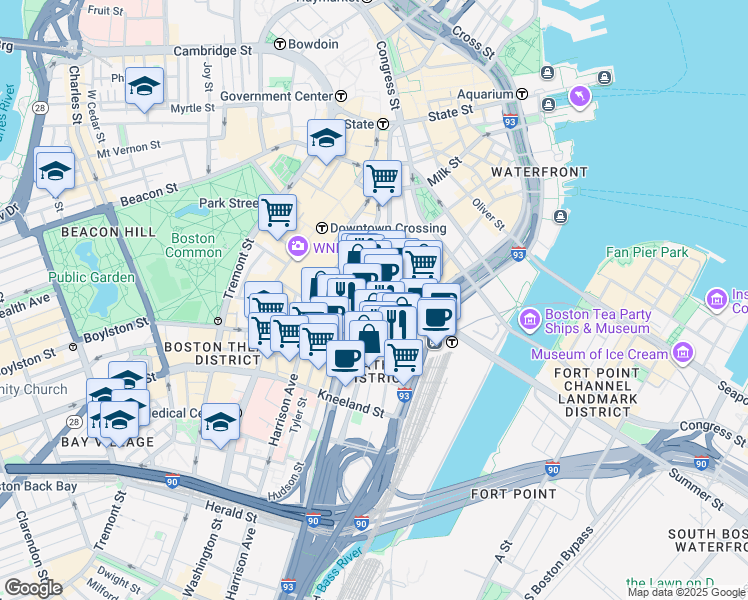 map of restaurants, bars, coffee shops, grocery stores, and more near 99 Bedford Street in Boston