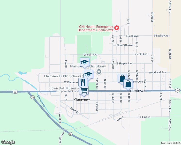 map of restaurants, bars, coffee shops, grocery stores, and more near 301 West Woodland Avenue in Plainview