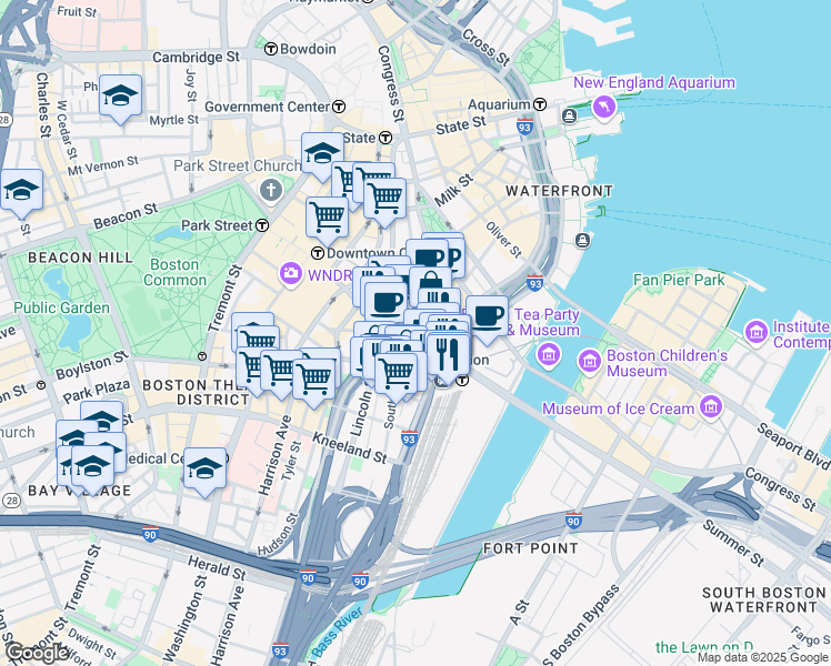 map of restaurants, bars, coffee shops, grocery stores, and more near 175 Federal Street in Boston