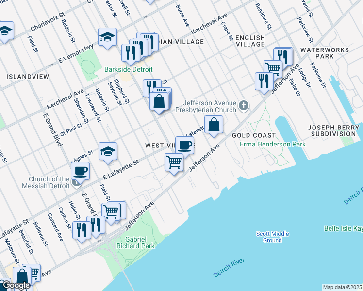 map of restaurants, bars, coffee shops, grocery stores, and more near 703 Parker Street in Detroit