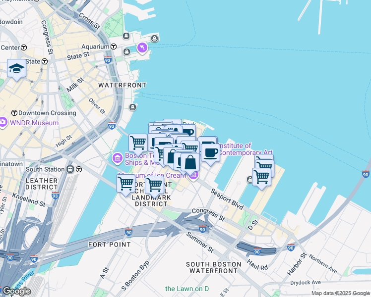 map of restaurants, bars, coffee shops, grocery stores, and more near 1 Marina Park Drive in Boston