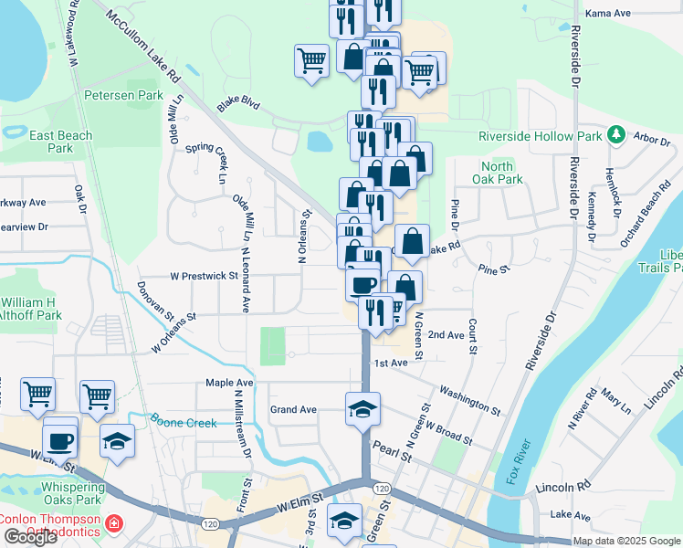 map of restaurants, bars, coffee shops, grocery stores, and more near 3611 West Cornell Court in McHenry