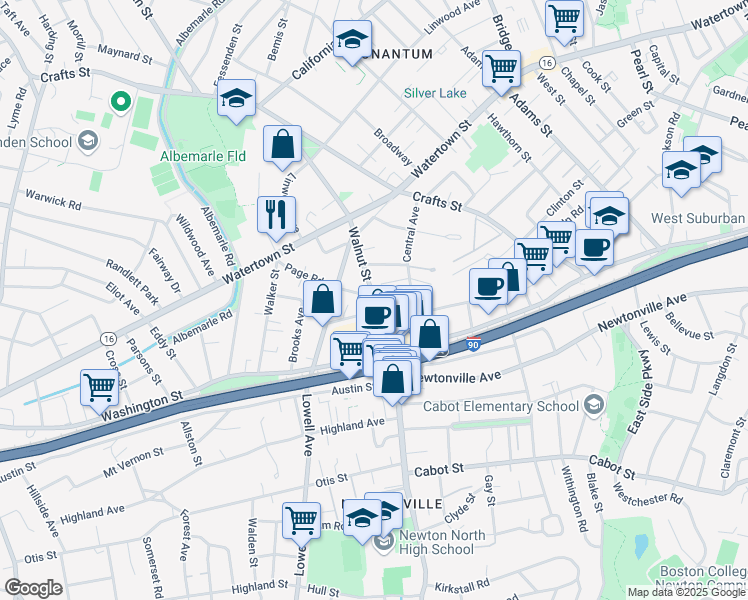map of restaurants, bars, coffee shops, grocery stores, and more near 210 Walnut Street in Newton