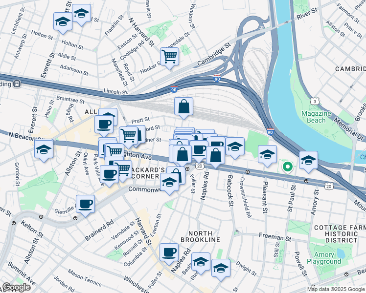 map of restaurants, bars, coffee shops, grocery stores, and more near 69 Ashford Street in Boston