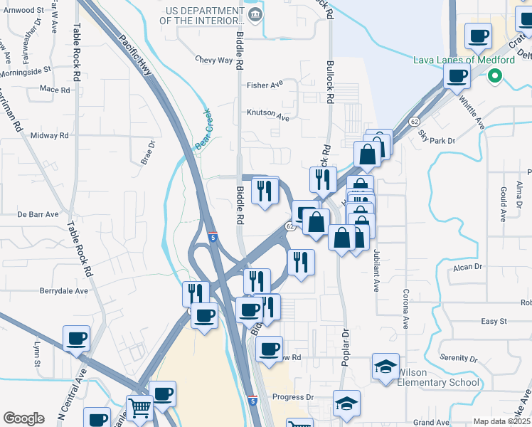 map of restaurants, bars, coffee shops, grocery stores, and more near 2300 Biddle Road in Medford