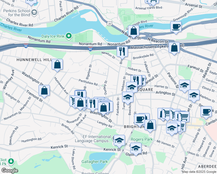map of restaurants, bars, coffee shops, grocery stores, and more near 61 Dunboy Street in Boston