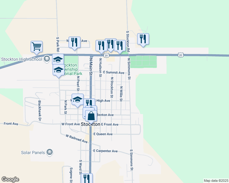map of restaurants, bars, coffee shops, grocery stores, and more near 420 North Willis Street in Stockton