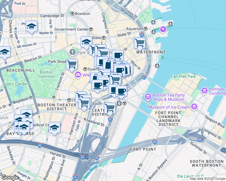 map of restaurants, bars, coffee shops, grocery stores, and more near 175 Federal Street in Boston