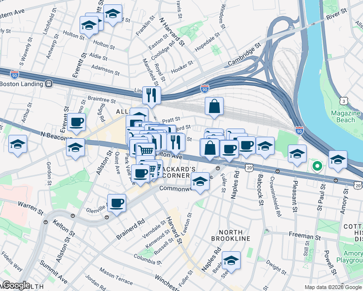 map of restaurants, bars, coffee shops, grocery stores, and more near in Boston