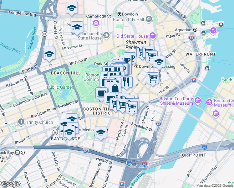 map of restaurants, bars, coffee shops, grocery stores, and more near 539 Washington Street in Boston