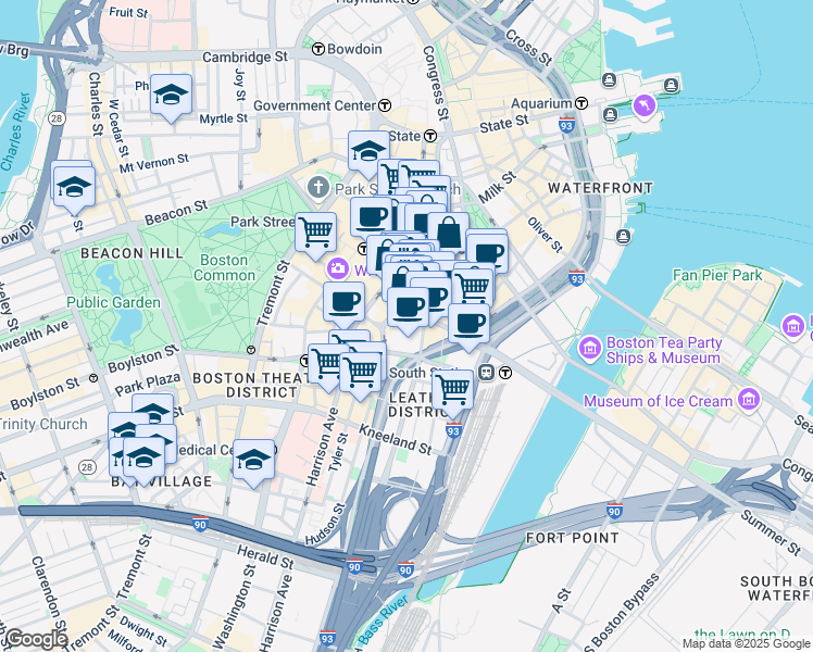 map of restaurants, bars, coffee shops, grocery stores, and more near 89 Bedford Street in Boston