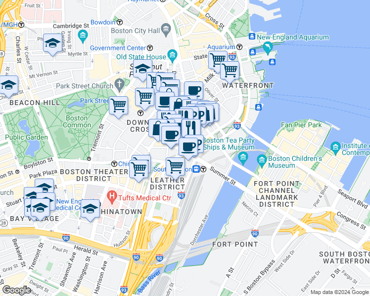 map of restaurants, bars, coffee shops, grocery stores, and more near 175 Federal Street in Boston